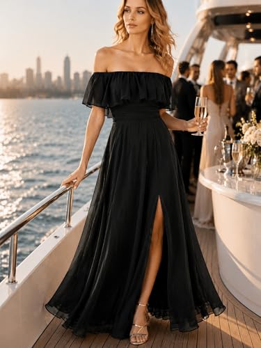 Image of Ever-Pretty Women's Summer Off The Shoulder Flowy Chiffon Formal Wedding Guest Dresses Maxi Side Split Beach Bridesmaid Dress