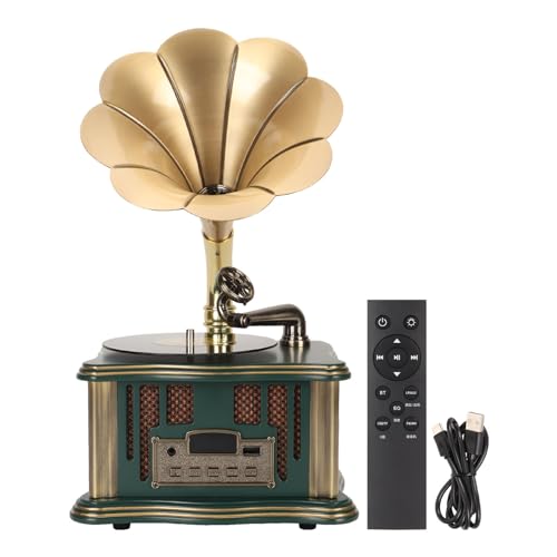 Cryfokt Vintage Gramophone Turntable, Portable Mini PhonographStereo Speaker with FM, Retro Record Player with Remote Control for Home Party Office Decoration Birthday Gifts (Green)