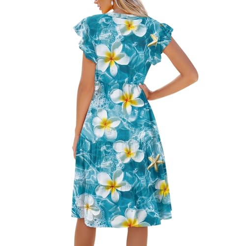 Image of Women's Casual Ruffle Sleeve Dress V Neck Pullover Dress Flowy A-Line Pleated Lightweight Dress with Pockets