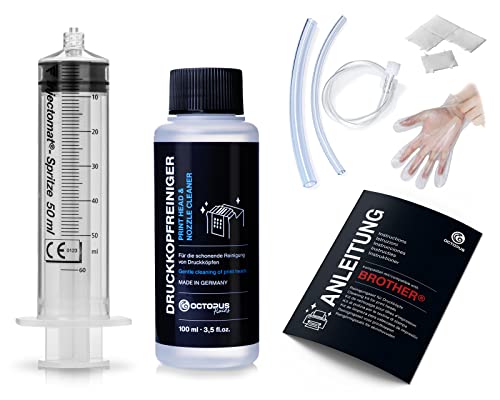 Octopus Nettoyeur de Buses, Nettoyeur de têtes d'impression Compatible avec Les têtes d'impression Brother avec adaptateurs pour tuyaux (100 ML).