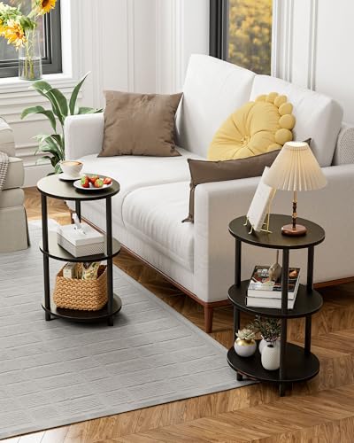 Image of Small Round Side Table - 3-Tier Oval Accent Table for Small Spaces, Rustic Wood and Metal Couch End Table, Nightstand for Bedroom or End Table Living Room, Easy to Assemble, Charcoal Wenge