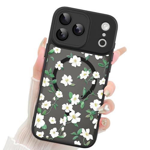 Coque iPhone 17 Pro antichoc et anti-rayures compatible MagSafe au design floral noir