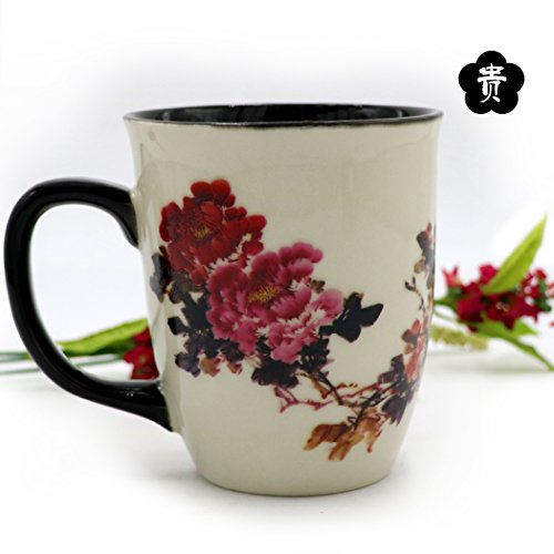 Asmwo Heat Changing Magic Porcelain Coffee Mug for Mom Gifts Funny Tea Mug 16 oz Black Change into Multi Color Peony Painting - Thumbnail 2
