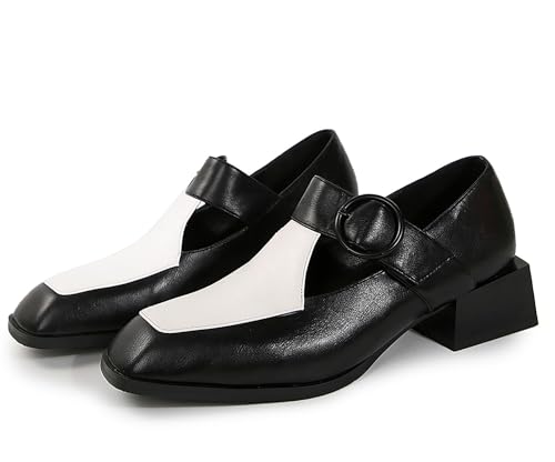 Women's Oxford Shoes Chunky Heel Pumps Shoes Women Black Faux Leather Comfortable Casual Womens Dress Shoes - Main Image