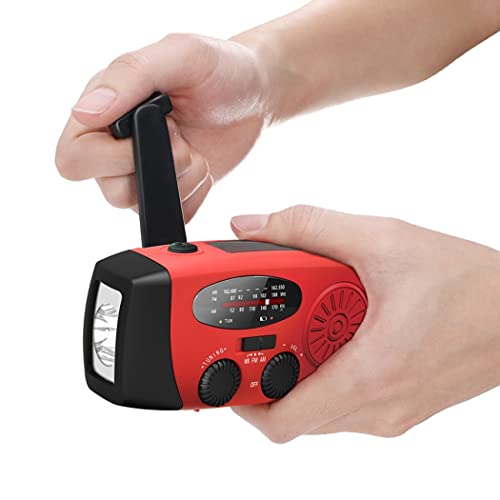 Radio Météo Multifonctionnelle À Manivelle, Radio Dynamo Solaire Portable avec Lampe Torche 3 LED, Am/FM, Alarme Sos, pour Urgence À La Maison Et Camping,Rouge Cover