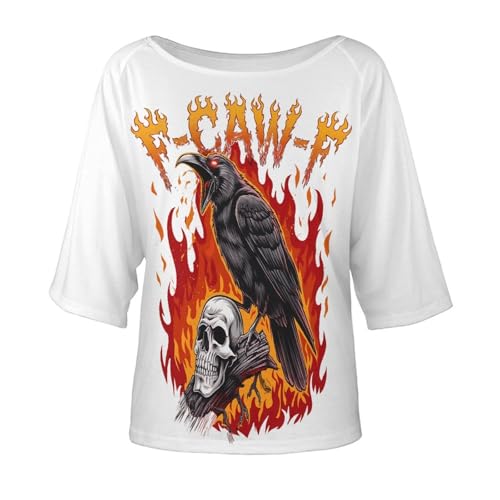 Retro Caw Black Raven Crow Skull Women's Off Shoulder T Shirt Loose Fit Casual Blouse Chic Batwing Sleeve Slouchy Tops4
