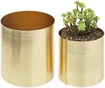 MyGift Modern Brushed Brass Plated Indoor Plant Pot, Cylindrical Metal Vase, 5 and 6 Inch, Set of 2 - Handcrafted in India