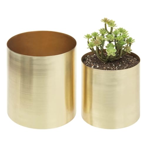 MyGift Modern Brushed Brass Plated Indoor Plant Pot, Cylindrical Metal