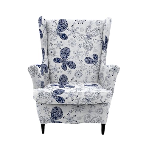 Highdi Funda de Sillón de Orejas Elástica Chesterfield, Funda de Sofá Relax 2 Piezas con Funda de Cojín, Fundas Protector de Butaca para Dormitorio, Recepción, Club (Mariposa Azul)