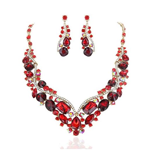 SP Sophia Collection Women's Wedding Bridal Austrian Crystal Necklace and Earrings Jewelry Set in Red