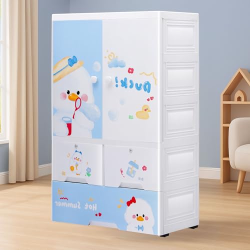 Image of Little Olive Penguin Kids Wardrobe | Multi Drawer Plastic Storage Cabinet for Nursery | Large Cartoon Print Organizer for Clothes Toys and Books (Sky Blue and White 65X38X130 Cm)