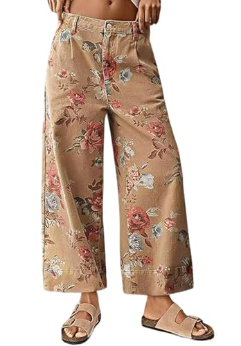 loveimgs Women Mid Rise Cropped Wide Leg Jeans Baggy Floral Ankle Pants Denim Capris Flare Print Boho Palazzo Jeans Boyfriend (Medium Khaki)