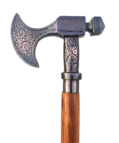 Decorative Viking Axe Walking Stick Carved Wooden Cane with Antique Handle Red Wood Foldable Walking Stick for Men and Women Gift.