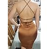 Velius Women's Sexy Spaghetti Strap Backless Lace up Bodycon Party Dress (Medium, Brown)