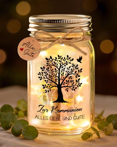 Geldgeschenk Kommunion, LED Flaschenlicht mit Grußkarte, Kommunion Geschenke für Mädchen Junge - Alles Liebe und Gute