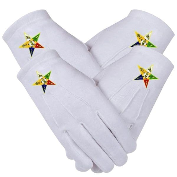 Masonic White OES Order Of The Eastern Star Cotton Gloves Embroidered Logo. (2 Pairs)