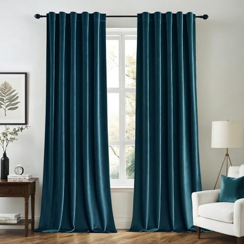 Image of MIULEE Peacock Blue Velvet Curtains 52x72 inches 2 Panels Blackout Curtains | Luxury, Thermal Insulated, Super Soft Window Drapes for Bedroom Living Room, Rod Pocket & Back Tab