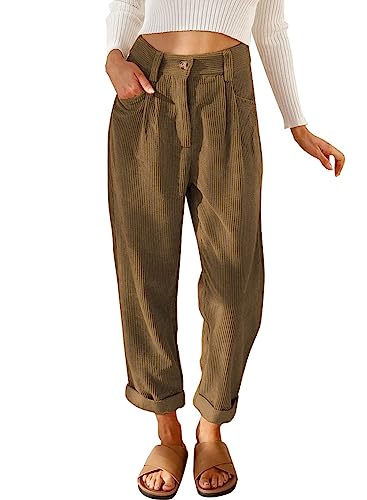 Womens Corduroy Pants Casual High Waisted Straight Leg Vintage Trousers for Women with Pockets
