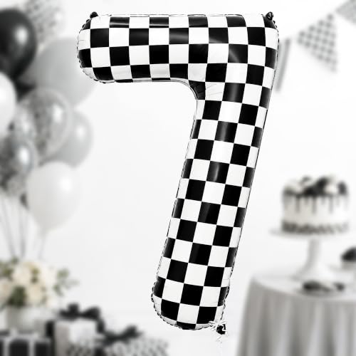 Image of KatchOn Checkered Number 7 Balloon for 7th Birthday Decorations - 40 Inch