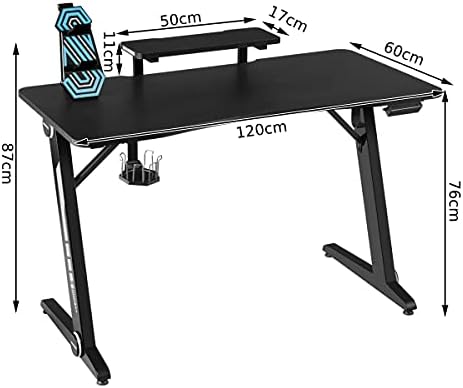 COSTWAY Gaming Computer Desk with RGB LED Lights, Monitor Stand, Cup Holder and Headphone Hook, Z-shaped Ergonomic PC Racing Table for Home Office Bedroom