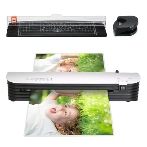 Zwbfu Juego de máquina laminadora SL299 Tamaño A4 Laminación en frío y Caliente Sistema de 2 Rodillos con 20 Bolsas de laminación Cortador de Papel Esquina Redondeada Botón ABS para el hogar Oficina