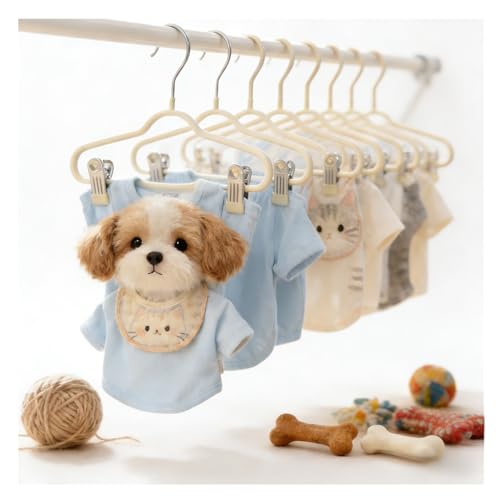 12Pcs Pet Hangers with Clips, Non-Slip Rustproof, 360° Swivel Metal Hooks, Space-Saving Organizer for Small Dogs/Cats, Home/Grooming/Travel Use (Beige)