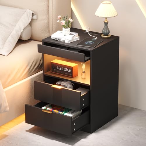 Yusong LED Nightstand Bedside Table with Charging Station 2 Drawers, Black Modern Sofa Couch End...