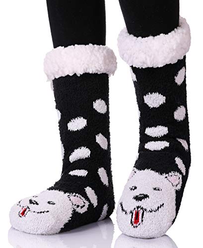 ZaYang Womens Super Soft Knit Cute Animal Fuzzy Cozy Fleece lined Warm Non-Skid Winter Slipper Socks (Dot Dog)