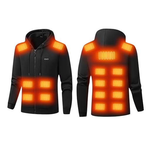 UHouse Beheizbare Sweatjacke Herren Gefüttert Winter Beheizbarer Hoodie Einstellbar Heizjacke mit 17 Heizzonen Hoody Männer Kapuzenpullover mit Reißverschluss Schwarz L