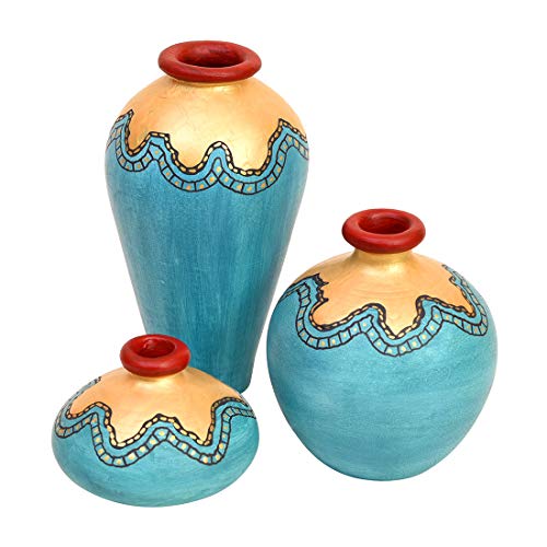 Image of Aakriti Art Creations Terracotta Vases Set of 3 | Handmade Turquoise Blue Golden Modern Art Flower Vases | Matte Finish Decorative Vases for Home Decor & Gifting