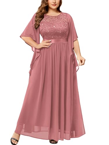 Image of Miusol Women's Plus Size Sequin Lace with Ruffle Cape Cloak Sleeves Elegant Evening Gown Wedding Guest Maxi Dress