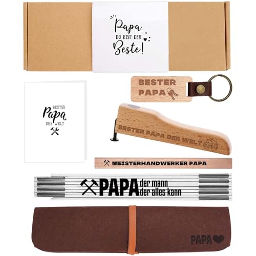 Papa Handwerker Geschenk Set - 2 Meter Zollstock | Flaschenöffner | Zimmermannsbleistift | Schlüsselanhänger | Aufbewahrungstasche für Zollstock, Bester Papa Kreativer Geschenke für Vatertag