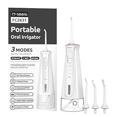 AMAZON - M-teeth Water Flosser Cordless, Dental Oral Irrigator with 3 Modes, 4 Jet Tips, Rechargeable Teeth Cleaner for Home Travel, Braces Care, 300ml Water Tank, IPX7 Waterproof, White