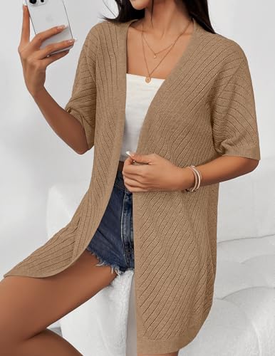 Image of Zeagoo Lightweight Summer Cardigan for Women Short Sleeve V Neck Crochet Kimonos Loose Open Front Hollow Out Cover Ups