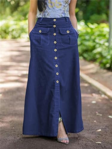 Women Skirts Summer Denim Solid Color Long Skirt Casual Split Bottoms Lady A-Line Button Up Skirt3