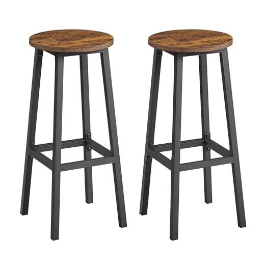 VASAGLE Tabourets de Bar, Lot de 2, Chaises, Siège Haut, Cadre Métallique, Montage Facile, Hauteur 74 cm, Repose-Pieds, pour Cuisine, Salon, Salle à Manger, Marron Rustique et Noir LBC132K01