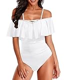 Holipick White Women Off Shoulder One Piece Swimsuits Tummy Control Bathing Suits Vintage Ruffle Swimwear M