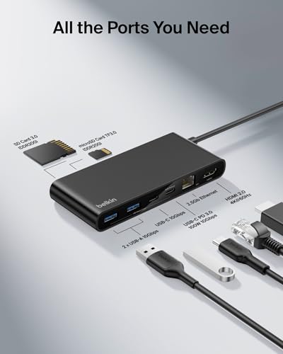 Image of Belkin USB Hub for Laptop 8-in-1, USB C Hub - Multi USB Port Adapter with 2.5Gbps Ethernet, 4K HDMI @ 60Hz, 100W USB-C PD, 10Gbps Transfer | Type C Hub for MacBook, iPad Pro, Windows, ChromeOS