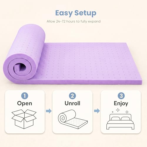 Image of DUMOS 1.5 Inch Cooling Memory Foam Mattress Topper Cal King, Gel Ventilated Soft Pressure Relief Mattress Pad, Breathable Bed Topper for Bedroom, RV and Sleeper Sofa, CertiPUR-US Certified, Purple