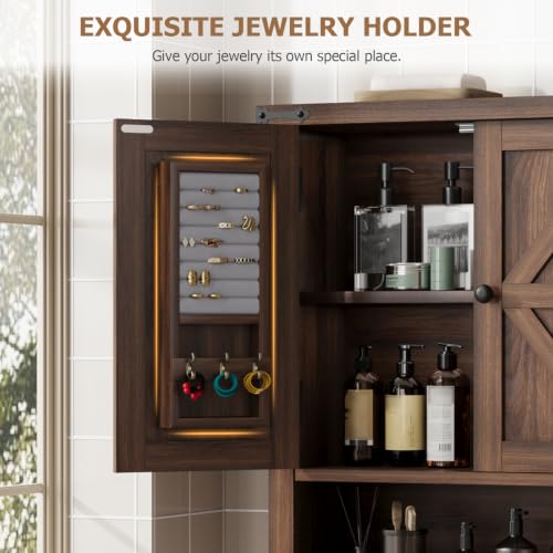 Image of QUW Farmhouse Bathroom Wall Cabinet, Modern Medicine Cabinets with Towel Bar & Jewelry Holder, Over The Toilet Storage Cabinet with Barn Door for Laundry, Living Room, Hallway, Dark Walnut