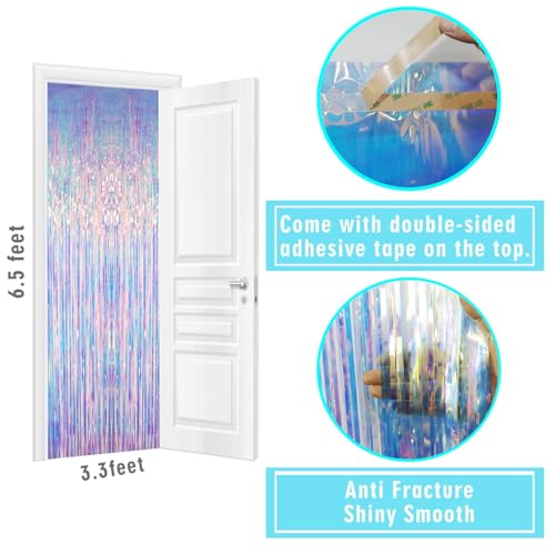 Image of GOER 3.2 ft x 6.5 ft Metallic Tinsel Foil Fringe Curtains Party Photo Backdrop Party Streamers for Mermaid Birthday Party Decorations(2 Packs,Iridescent)