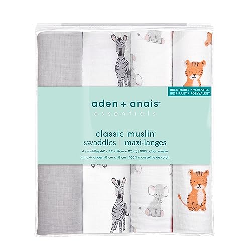 Image of Aden by aden + anais Swaddle Blanket, Muslin Blankets for Girls & Boys, Baby Receiving Swaddles, Ideal Newborn Gifts, Unisex Infant Shower Items, Toddler Gift,Wearable Swaddling Set,4 Pk,Safari Babes