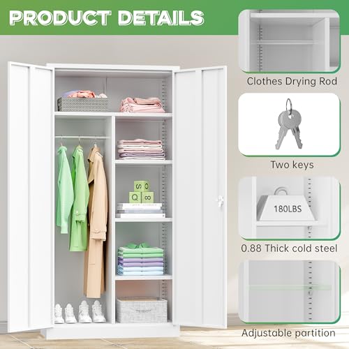 Image of INTERGREAT Metal Wardrobe Closet, 72 inch Locking Storage Wardrobe Cabinet with Doors and Shelves, 18 inch D x 36 inch W Steel Clothes Storage Cabinets for Office, Home, School, Gym(White)