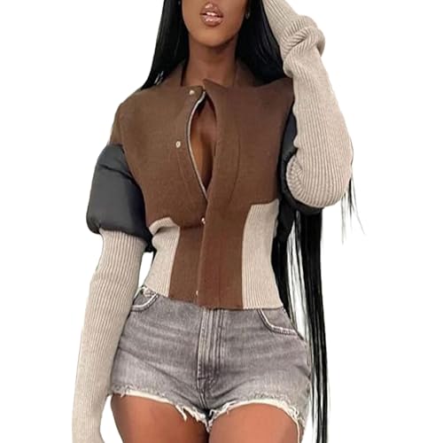 VOIKERDR Jackets for Women Patchwork Long Sleeve Coat Sexy Cropped Jacket Winter Coat Casual Streetwear
