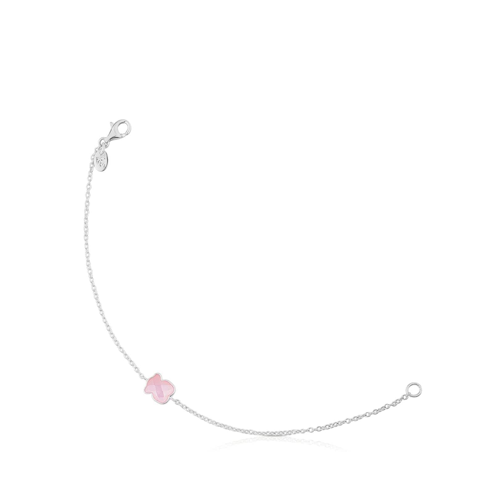 TOUS Pulsera de Plata de Primera Ley para Mujer con Motivo de Oso de Cuarzo Rosa, 17,5 cm de Largo, Elegante y Clásica, Colección TOUS Color