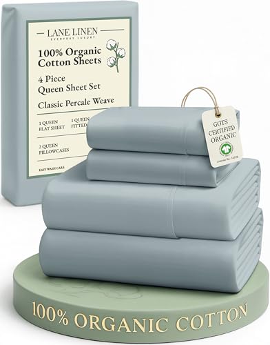 Image of LANE LINEN 100% Organic Cotton Eco Friendly Sustainably Produced Queen Sheets Set, Low Pill Fade Resistant Machine Wash Fully Elasticized Cotton Bedding Queen Set- French Blue