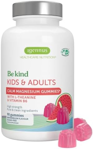 Igennus Magnesium Gummies für Kinder mit L-Theanin & Vitamin B6, 90 Stück | Zuckerfreie Magnesium Gummibärchen für Kinder & Erwachsene, Wassermelone, ohne künstliche Farbstoffe, 45