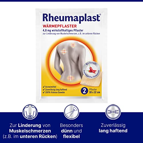 Rheumaplast Rheumaplast Wärmepflaster zur Linderung von Muskelschmerzen z.B. im unteren Rückenbereich, effektive und schnelle Wärmetherapie mit der Kraft der Chili, 1 x 2 Pflaster