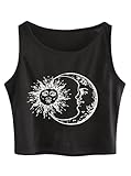 Remidoo Women's Casual Sleeveless Sun and Moon Print Shirt Graphic Crop Top Workout Tank Black Sun Medium
