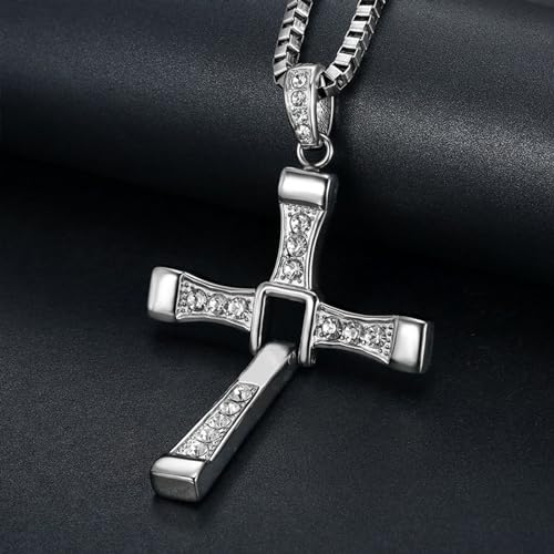 Cross Necklace for Men, Cross Pendant Necklace Stainless Steel Chains Sterling Silver Necklace Men's Cross Chain Jewelry Link Chain for Boys Fast and Furious4